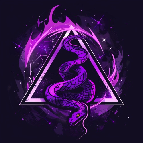 一个三角形徽章，简笔画，中间一个紫色凶猛蛟蛇，带紫色闪电，带几何纹理，黑色火焰纹理