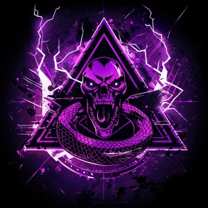 一个三角形徽章，简笔画，骷髅蛇头，中间一个紫色凶猛蛟蛇骸骨，带紫色闪电，带几何纹理，黑色火焰纹理