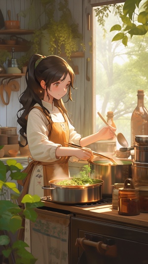 一个可爱的动漫女孩,棕色头发,穿着绿色衬衫正在厨房里做饭,还系着围裙。她拿着木勺站在炉子上的锅上,周围摆放着各种食材的罐子。窗外正下着雨,可以俯瞰到郁郁葱葱的树木。