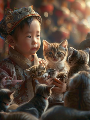 一个九岁中国男孩，许多猫，奇幻，旅行，最佳质量，杰作，超高分辨率