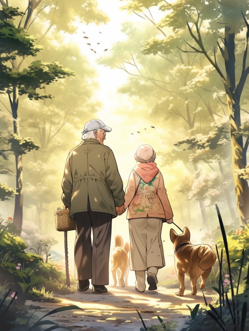 在美丽的森林公园里面，老爷爷老奶奶牵手回家，正面走来，手里拿着篮子，还有条可爱的狗狗跟在身后面，温馨浪漫，插画风格，