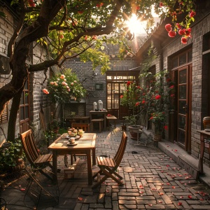 上海老式二层砖头彻的小洋房，院子的藤架上爬满了月季花，木质桌椅背放着一套茶具，小院角落有棵大树，阳光透过大树撒落在院子里每个角落里，高清摄影风格。