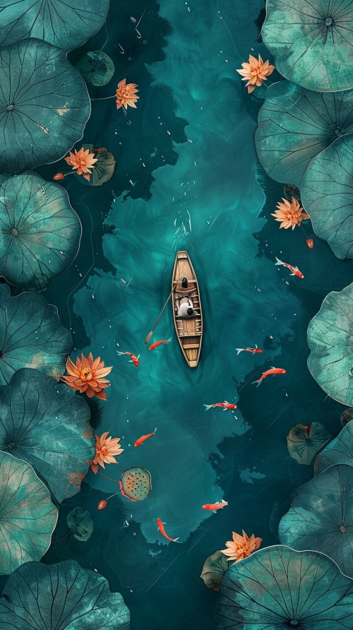 Overhead view of a boat in a lotus pond, drizzling rain Many large lotus leaves and blooming flowers on both sides People rowing a small wooden boat travelling in a lotus pond Red fish swimming around Beautiful illustration in Chinese painting style Using fantasy art style, peacock blue, haze blue Brushstrokes, aerial perspective, ultra realistic. Brushstrokes in ink painting style, high resolution