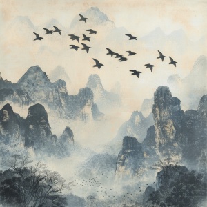 桂林山水，有鸟在天空飞翔。