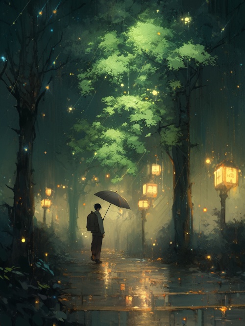 夜晚大雨中的绿树，一位俊美的少年打着伞走在小路上