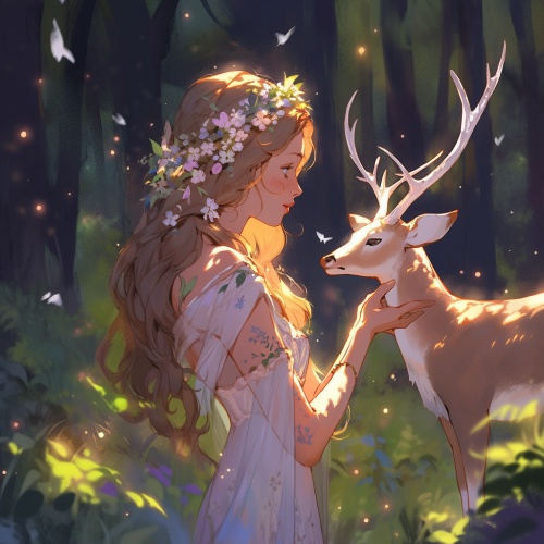 一位仙女，后面有只鹿🦌，在森林里，氛围感十足