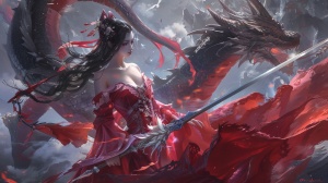 一个红色连衣裙的女人拿着剑和龙，叶欣的故事书插图，离经叛道大赛冠军，幻想艺术，传奇联盟飞溅艺术，暴乱游戏概念艺术，传奇联赛概念艺术
