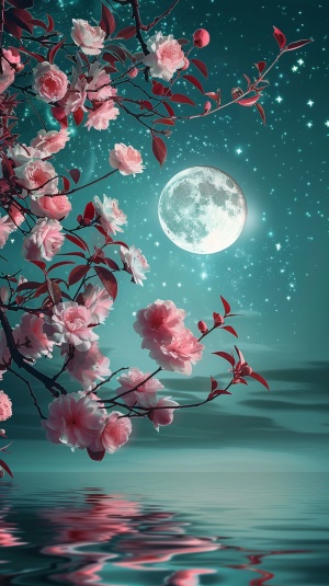 美丽的粉红色花朵在水面上，满月和星空，与蓝色的背景，高清晰度的摄影风格，和一个湖反射在他们面前。月光照耀着桃树。这是一幅原创的海报设计作品，细节精致，用笔细致，场景逼真。它具有广角镜头和高清晰度摄影。白色的山茶花开了，绿叶从枝头垂下。
