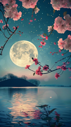 美丽的粉红色花朵在水面上，满月和星空，与蓝色的背景，高清晰度的摄影风格，和一个湖反射在他们面前。月光照耀着桃树。这是一幅原创的海报设计作品，细节精致，用笔细致，场景逼真。它具有广角镜头和高清晰度摄影。白色的山茶花开了，绿叶从枝头垂下。