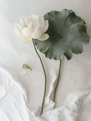A curved lotus, two lotus leaves, tilted, super clean white space, Chinese painting style, Zen mist, water drops, misty wonderland, multi-angle shooting, the lens is on the lotus, photographer: Akira Kurosawa,inspiration From Takashi Murakami