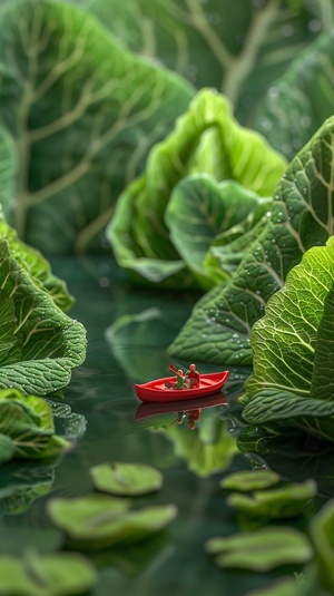 Imagine an expansive , dew - filled terrain where colossal bok choy leaves rise like lush green skyscrapers in a verdant metropolis . In the foreground , a small red boat with two tiny adventurers is rowing across a reflective water surface that seems vast and lake - like due to their miniature perspective . The leaves , with veins like roadways and water droplets like morning mist , create a fresh , organic cityscape . The boat is detailed and vibrant , contrasting with the monochromatic green of the bok c