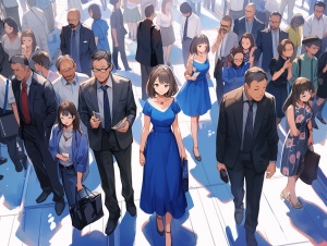 一个广场上，中年男师，旁边蓝连衣裙女孩，广场下都是人