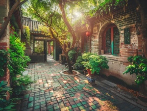 一个中式庭院,红砖青瓦的墙面上覆盖着绿色植物和树枝,透过广角镜头看到外面的明媚阳光。这个庭院位于一座古老建筑的旁边,被树木和花朵环绕。高清摄影风格。