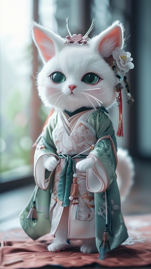 Cute white cat is shopping.She stands and walkson her feet.She has a furry white cat face,a pair ofemerald green cat eyes,wearing a skirt,ChineseHanfu,a pair of furry cat ears,Chinese elements,Chinese style,ancient style,high-definition photo,soft light,bright,high-definition,more details,ar 3:4 s 400