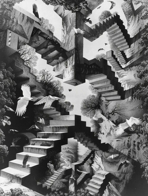 Escher's StairsEscher's black and white print style, three-dimensional, exquisite miniatures, layers of forests, 3D, upward transformation into flying birds, endless sense of space, low-angle looking up, multi-point perspective, multi-point perspective, illusion, super wide-angle lens, Exquisite and complex, countless geometric figures, minimalism, Zen, suspended interlacing, epic scenes, exquisite, ultra-high definition, 32k, Monument Valley 