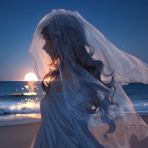 血红的月光下，海边的沙滩上，1个绝美的女孩，清风吹起她白色的纱裙，她站在那里默默的哭泣着