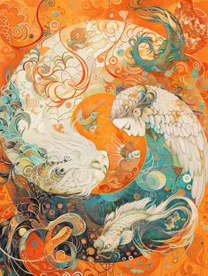 This is an abstract yin-yang painting depicting a winged fish monster on one side and a white girl lying on her side on the other side, she and the fish monster forming a perfect circle. The background, on the other hand, is colored in orange and is surrounded by frolicking fish, The background is orange, surrounded by swirling patterns that give it a threedimensional feel. It has vibrant colors and is filled with fantasy elements such as phoenixes flying around and fish swimming below. This artwork creates