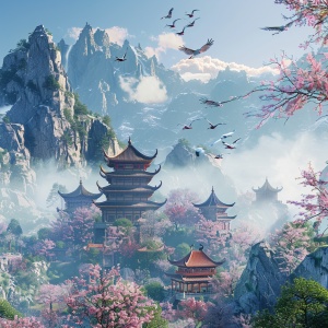 浪漫古风，蓝色荧光，高大的山，四周是树和花，白云环绕，一座座宫殿，有仙鹤在飞，仙侠风格，3D，4D渲染，超清32K