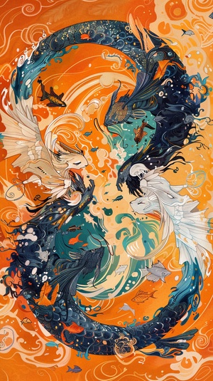 This is an abstract yin-yang painting depicting a winged fish monster on one side and a white girl lying on her side on the other side, she and the fish monster forming a perfect circle. The background, on the other hand, is colored in orange and is surrounded by frolicking fish, The background is orange, surrounded by swirling patterns that give it a threedimensional feel. It has vibrant colors and is filled with fantasy elements such as phoenixes flying around and fish swimming below. This artwork creates