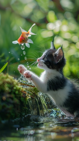 一只黑色尖尖耳朵的可爱小猫站在一条清澈见底的小溪旁长满青草的岸边上，挥动着白色的小爪子，张着大嘴巴想吃掉前方跳出水面并激起一层浪花的一条小金鱼