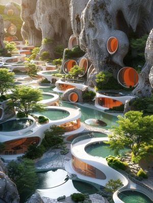 一个由建筑师扎哈·哈迪德设计的未来派村庄，以白色和橙色的建筑为特色，混凝土梯田与水景，不同层次的小树圈，以及一个充满植被和绿色植物，以及小型游泳池和岩层。超现实主义。三维渲染-ar 3:4
