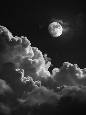 夜空中,只有一轮明亮的月亮挂在云层中,仿佛它在照耀着地球。低角度拍摄天空，真实摄影。画面干净惊人，大师杰作，高清画质。