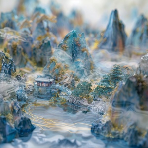 Miniature landscape, Chinese landscape, in aglass, 3d stereo effect of the mountain, blue and greercolor scheme, gold lines, natural light,panoramiccomposition, blurred foreground, HD 8k,-ar 3:4 s 250 v 6.0