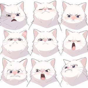 一只可爱的猫咪"表情特写，猪的表情和动作，夸张的动作，我高兴，生气，悲伤，惊讶等各种情绪，白色背景Q版超高清8K，九方布局