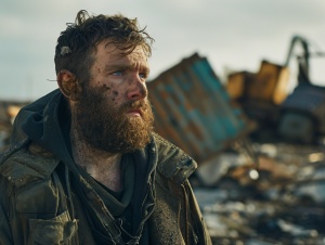 a man with beard who looks at in adistance, in the style of cinematic stills, rusty debris, even mehl amundsen, hd ken howard, frederick sandys, raw and emotional ar 16:9style raw