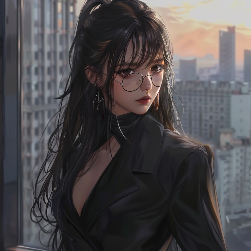 三十岁知性优雅漂亮御姐，柔顺的黑色长发，一身黑色西装，目光清冷带着一副黑框眼镜，背后是高楼大厦，国漫风