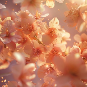 ﹣最佳质量，高分辨率，完美照明春天，杏花纷纷绽放出花朵、花色娇嫩、柔美、微风吹过，一片花瓣飘落， 干净的光背景，幻想，光跟踪，自然光， C4D, OC 渲染 （杰作1.2）影视特效。 ar :9:16