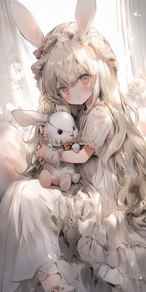 可爱的女孩。长着兔子的耳朵。八岁，坐在床上抱着兔子娃娃。穿着好看的公主裙。大大的眼睛，可爱的，好看，可爱。