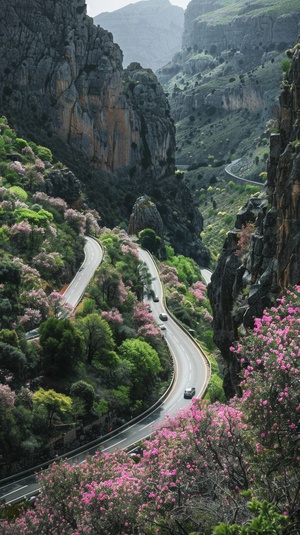 山下一条蜿蜒的公路，汽车在公路上行驶。公路两旁。全是开满鲜花的大树绵延数公里。