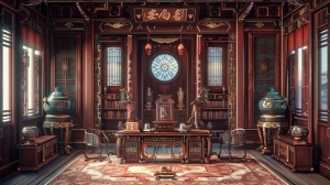 中国古代大臣的屋内大厅，动漫风格
