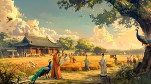 A vast plain with an ancient Chinese king in silk attire guiding people in simple clothes to weave, the king’s clothing is luxurious, the citizens’ clothes are simple, a large thatched house, a colorful peacock on the roof, serene afternoon sun, expansive plains, harmony, respect, learning, guidance, cinematic quality, ultra-high definition, natural lighting, wide-angle lens, eye-level angle, ar 21:9 c 4 s 2