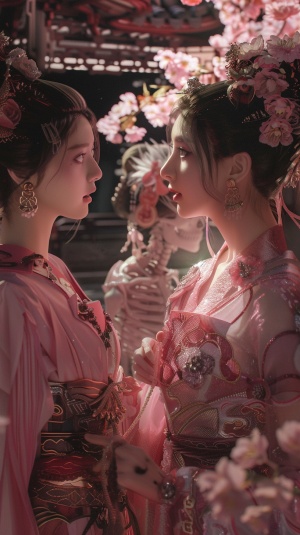 中国风,两位中国少女,其中一个红粉佳人,另外一个红粉骷髅,一个代示前世,一个代示今生,轮回,超现实主义
