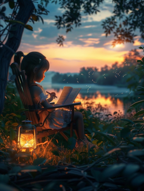 一个小女孩坐在阿第伦达克椅上,在花园里读书,她双腿交叉,手里拿着一本书,同时还在写着什么。她旁边有一个灯笼,身后可以看见一条河在日落时分,这种风格是超现实主义艺术。
