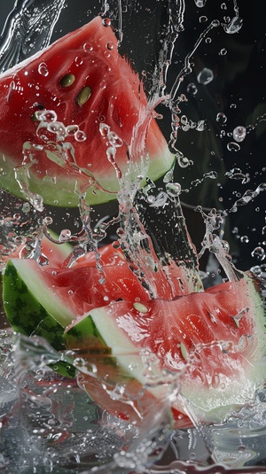 slices of watermelon are being poured with water and ice, material is!!! watermelon!!!, watermelons, watermelon, watermeloncore, professional fruit photography, by Tadashi Nakayama, ❤🔥🍄🌪, description, very hyper realistic, beautiful photorealistic imagery, !!natural beauty!!, really close - up shot, jelly - like texture