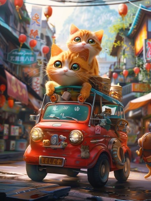 一只可爱的小橘猫，骑着电瓶车送外卖，背上背一只小奶猫，繁华的街景