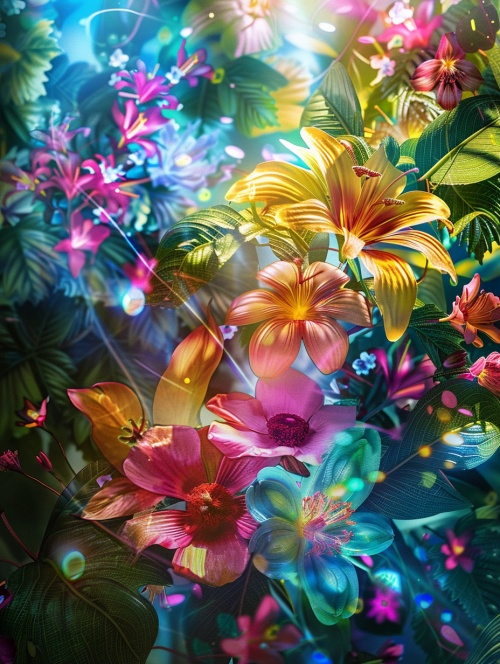 充满活力和独特的花朵，每一朵都精心细致，色彩鲜艳。在一个神奇、空灵的空间中，明亮的花瓣和树叶发出柔和的光芒，身临其境的梦幻般的氛围–style raw–styleize 750–v 6.0–ar 3:4