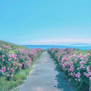 一条通往大海的路，路两遍开满了粉色蔷薇花，晴空万里 ，碧海蓝天，超高清画质，超真实。