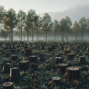 Create a realistic image depicting a vast forest devastated by logging, leaving behind an endless expanse of wooden stumps.