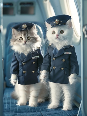 Two kittens dressed in flight attendant uniforms are standing in front of the airplane cabin door, welcoming passengers on board,full of professional charm,plush doll art, aviation theme, nikon af600, airborne elegance.ar3:4v6.0