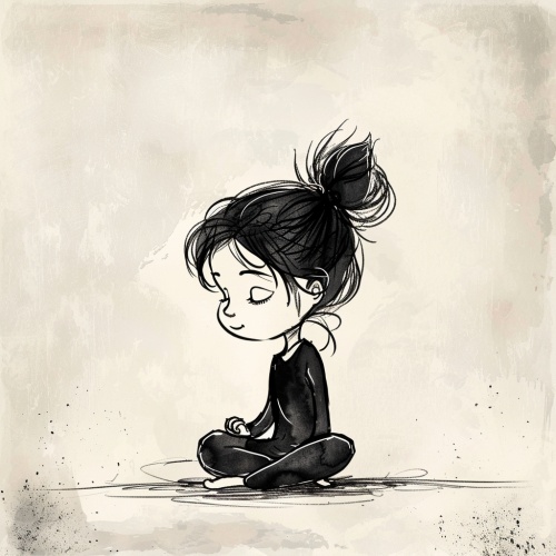 A cute little girl in black with her hair up sitting cross l egged on the ground meditating Simple strokes in th e style of a hand drawn style with a cartoonish desig n style watercolor paper texture Simple background with black lines a cute drawing of an adorable charac ter with a simple background.
