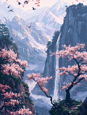 桃花在风中摇弋绽放，远处山中雾气萦绕，鸟群飞过，瀑布流动。