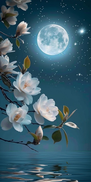 Beautiful white flowers on the water, full moon and starry sky, with blue background, high definition photography style, and a lake reflection in front of them. The magnolia tree is adorned by glowing moonlight. This is an original artwork design for a poster, with exquisite details, meticulous brushwork, and a realistic scene. It features a wideangle lens and highdefinition photography. White camellia blossoms, with green leaves hanging from its branches. ar 3:4