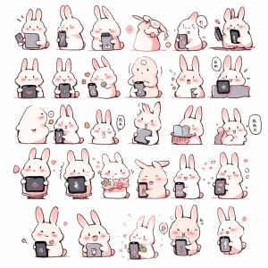 可爱的兔子拿着手机，五颜六色，夸张 愤怒，快乐，害怕，惊讶，悲伤等，多动 作手势，不同的情绪，中国水墨画风格， 插图，白色背景，表情符号，q版，九宫 格布局，粉笔，8k，UHD-ar3:4-niji5