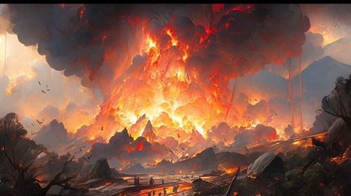 火山喷发直冲九天，熔岩从大地裂缝中喷涌而出，漫天火光