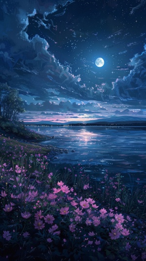 夜色湖边，粉色花间
