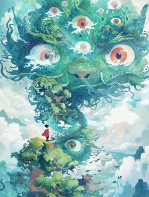 2️⃣ The green blue water of the Chinese dragon tree is full, and there is an island in front with many huge eyes floating on it. A person wearing red walks along its body to reach another world, creating a surreal atmosphere in a colorful cartoon style. The background features white clouds and sky blue colors, with exaggerated shapes, fantastical creatures, detailed illustrations, and a bird's-eye view perspective. ar 3:4